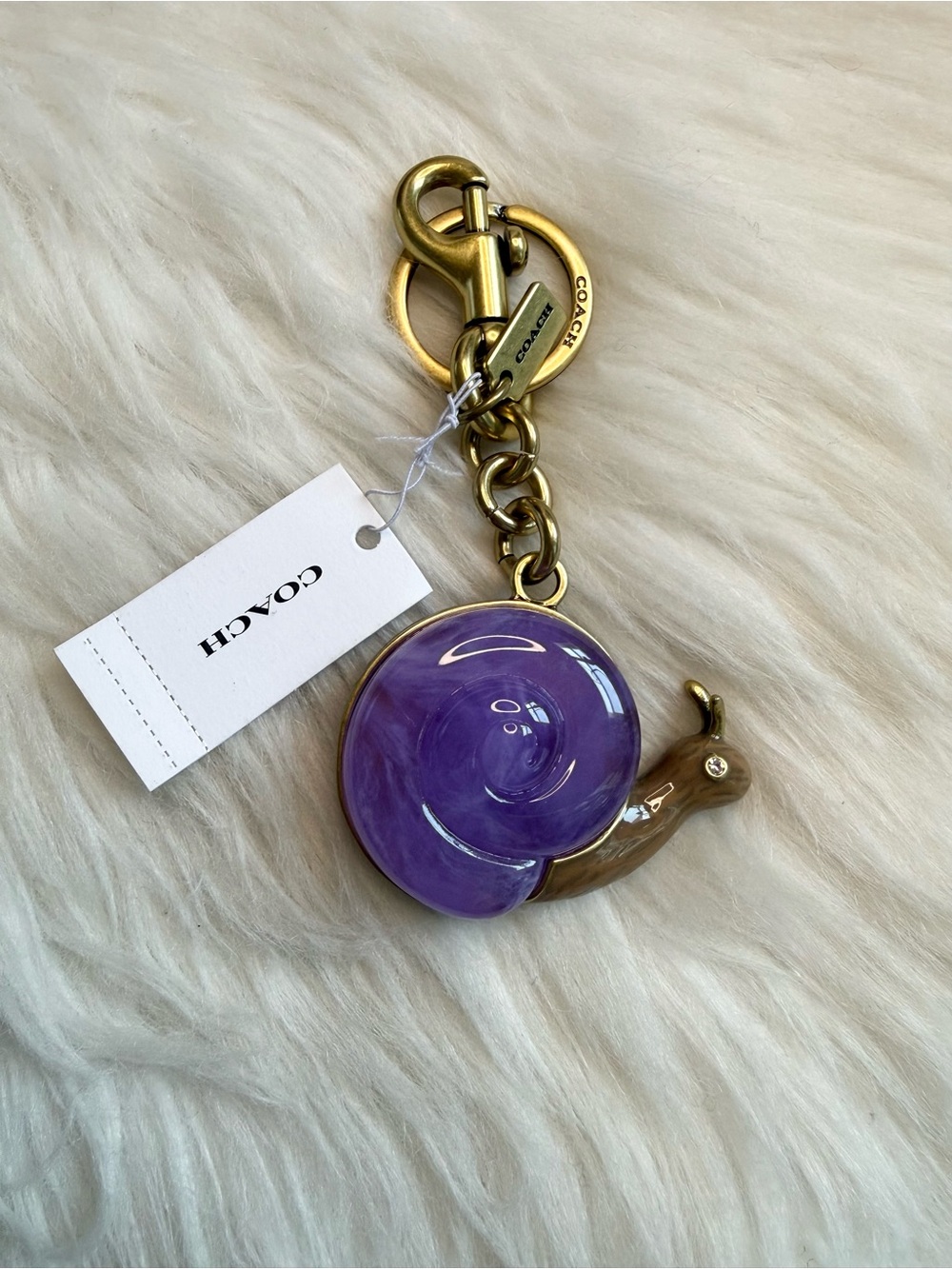 Authentic Coach Snail Bag Purse Charm With Key Ring In Brass Purple CAX69 NWT